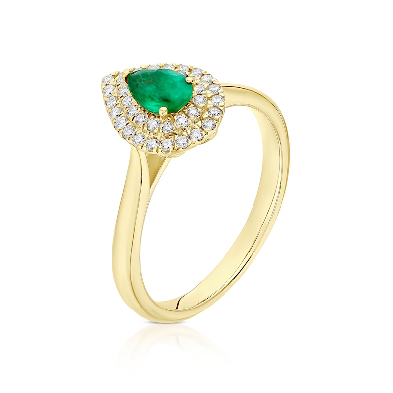 Main Image 2 of Origin 18ct Yellow Gold Emerald Double Pear Shaped Halo 0.20ct Diamond Ring