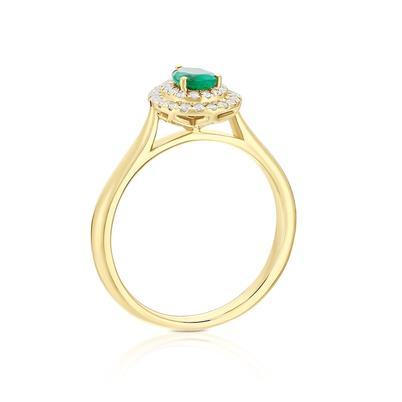 Main Image 3 of Origin 18ct Yellow Gold Emerald Double Pear Shaped Halo 0.20ct Diamond Ring