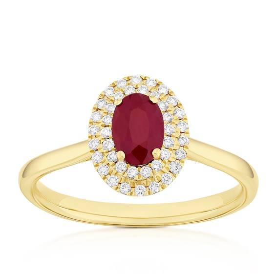 Origin 18ct Yellow Gold Ruby Double Halo 0.13ct Diamond Ring
