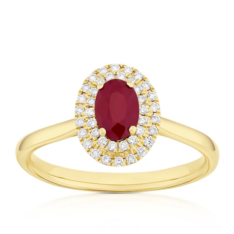 Main Image 1 of Origin 18ct Yellow Gold Ruby Double Halo 0.13ct Diamond Ring