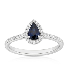 Origin Platinum Sapphire Pear Shaped Halo 0.15ct Diamond Ring