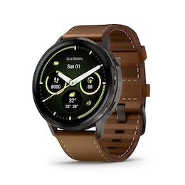 Garmin Venu 4 Multi-Colour 45mm Display Black Bezel Dark Brown Leather Strap Watch