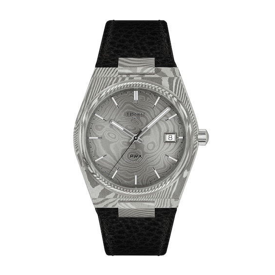 Men's Tissot Prx 38Mm Marble Stainless Steel & Black Leather Strap Watch