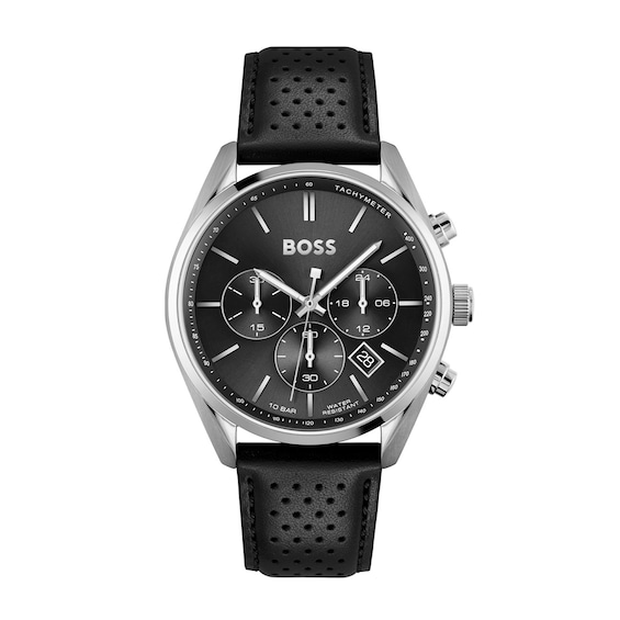 Men's Boss Champion 44Mm Chronograph Black Leather Strap Watch