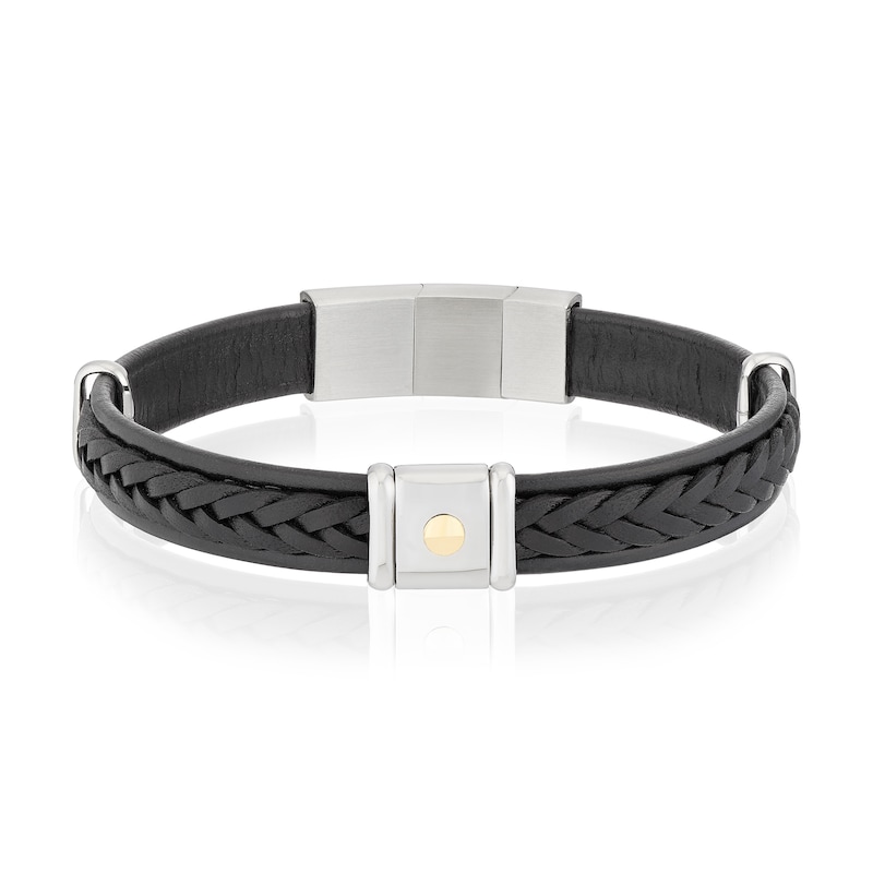 Main Image 1 of Men's Black Leather & Stainless Steel Plaited Magnetic Bracelet