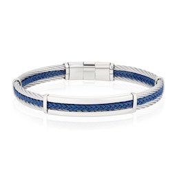 Men's Blue Leather Woven Two Tone Stainless Steel Bracelet