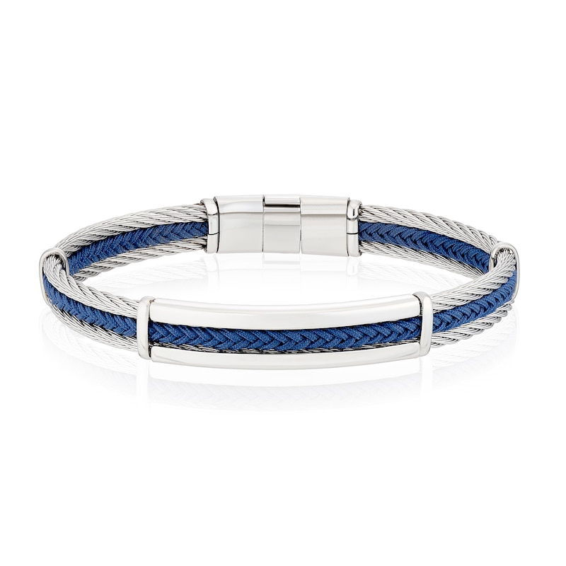 Main Image 1 of Men's Blue Leather Woven Two Tone Stainless Steel Bracelet