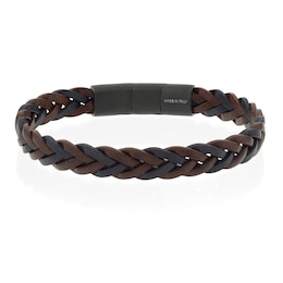 Men's Black & Brown Leather PVD Stainless Steel Plaited Magnetic Bracelet