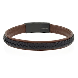 Men's Brown & Black Leather PVD Stainless Steel Plaited Magnetic Bracelet