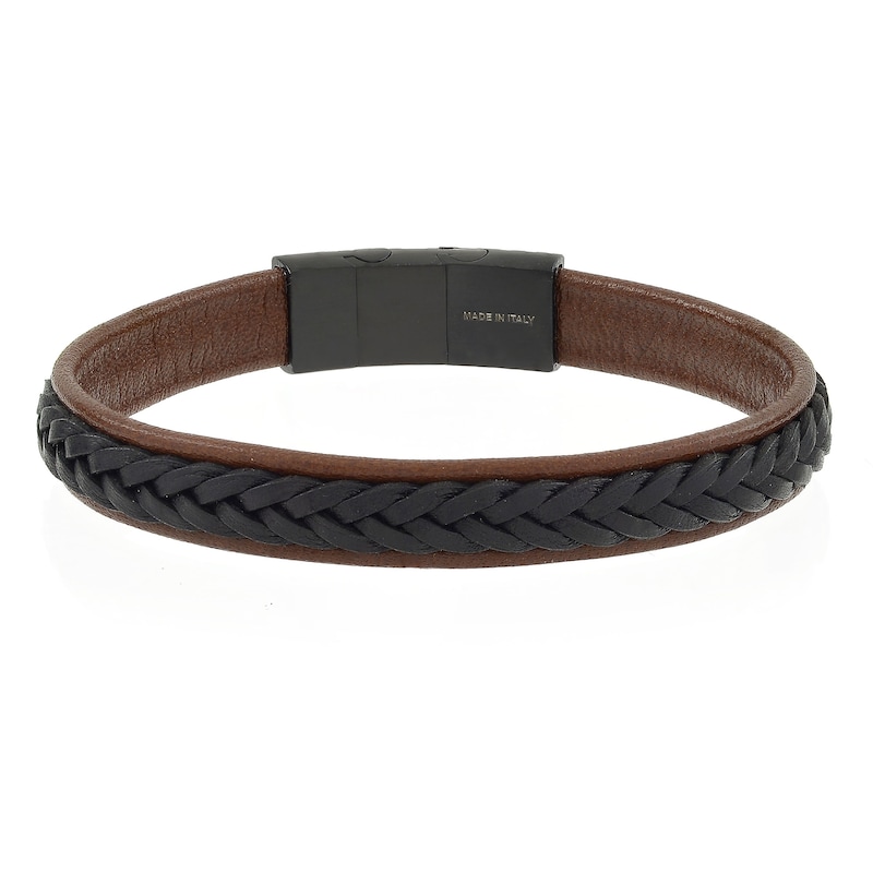 Main Image 1 of Men's Brown & Black Leather PVD Stainless Steel Plaited Magnetic Bracelet