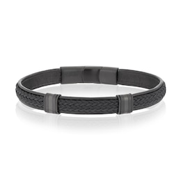Men's Black Leather Woven & PVD Stainless Steel Magnetic Bracelet