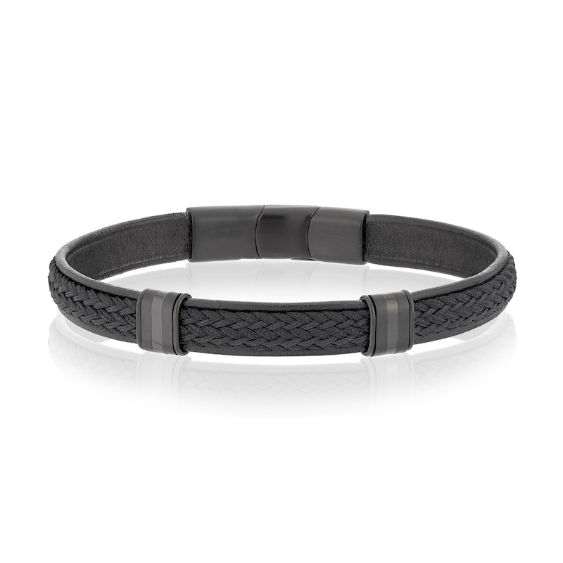 Main Image 1 of Men's Black Leather Woven & PVD Stainless Steel Magnetic Bracelet