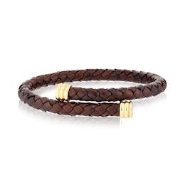 Men's Brown Leather & PVD Yellow Gold Woven Crossover Bracelet