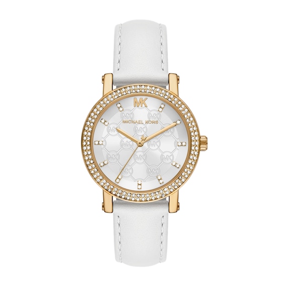 Women's Michael Kors Corey Pavé White Leather Strap Watch