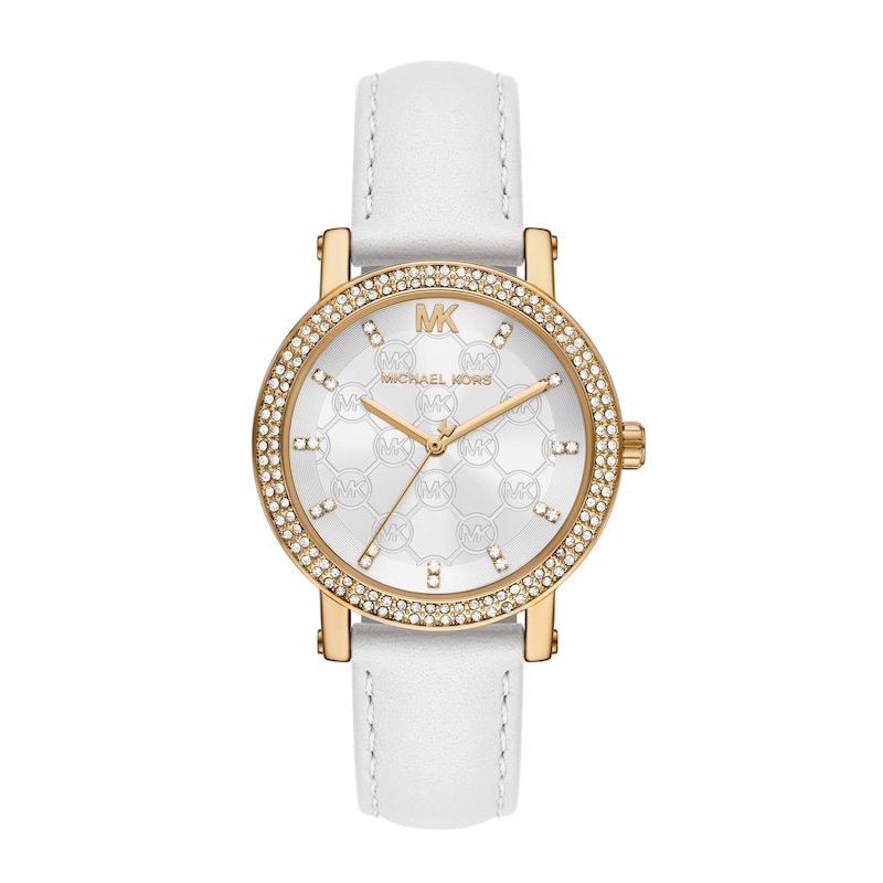 Main Image 1 of Michael Kors Corey Women's Pavé White Leather Strap Watch