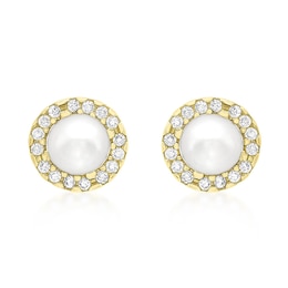 9ct Yellow Gold Cultured Freshwater Pearl Cubic Zirconia Halo Stud Earrings