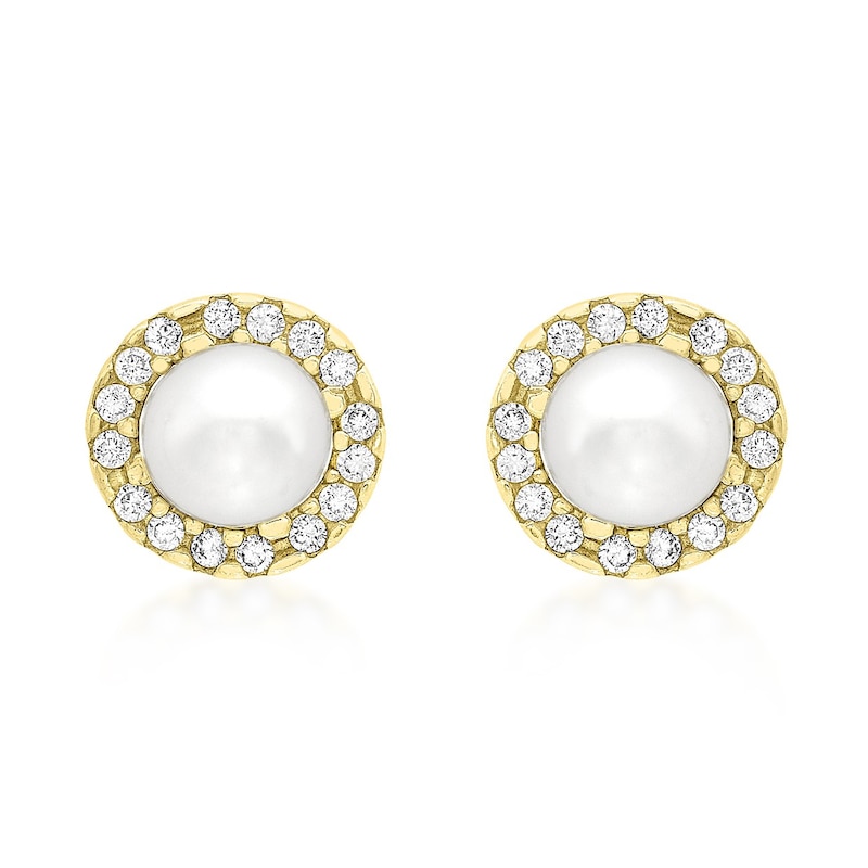 Main Image 1 of 9ct Yellow Gold Cultured Freshwater Pearl Cubic Zirconia Halo Stud Earrings