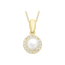 9ct Yellow Gold Cultured Freshwater Pearl Cubic Zirconia Halo Pendant
