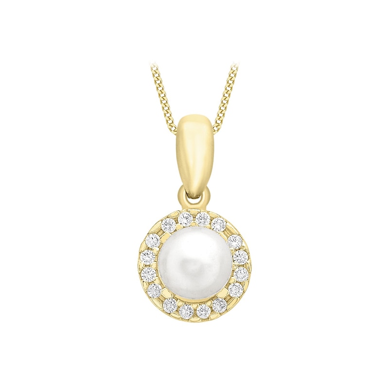 Main Image 1 of 9ct Yellow Gold Cultured Freshwater Pearl Cubic Zirconia Halo Pendant