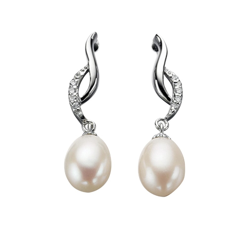 Main Image 1 of Sterling Silver Cubic Zirconia Cultured Freshwater Pearl Wave Earrings