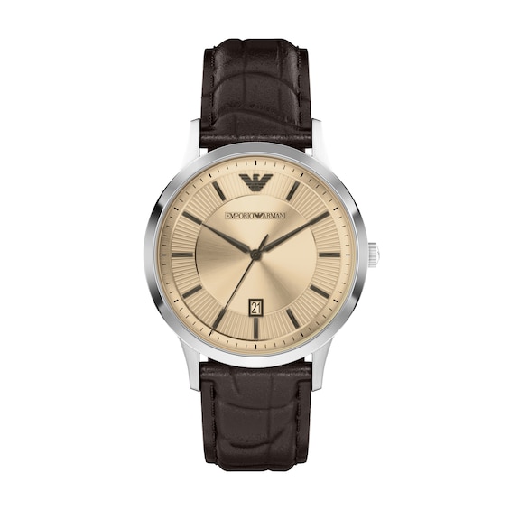 Men's Emporio Armani 43Mm Silver Dial & Brown Leather Strap Watch