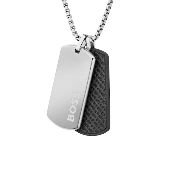 Men's Boss Devon Black Leather & Silver Tone Double Tag Pendant Necklace