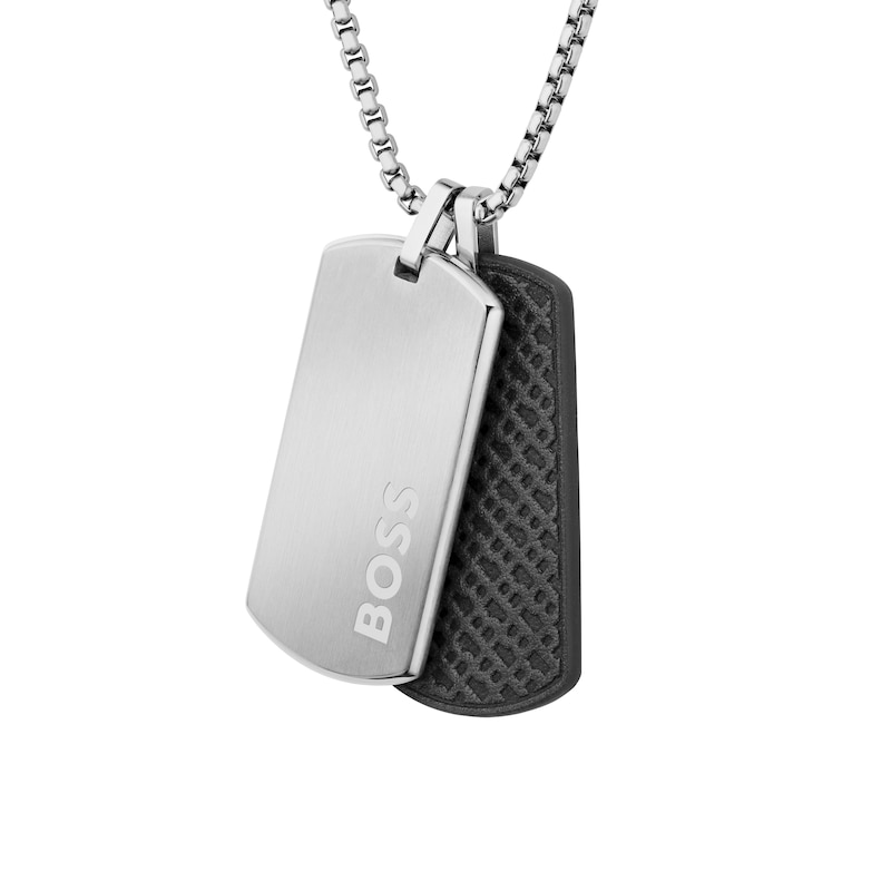 Main Image 1 of BOSS Men's Devon Black Leather & Silver Tone Double Tag Pendant Necklace