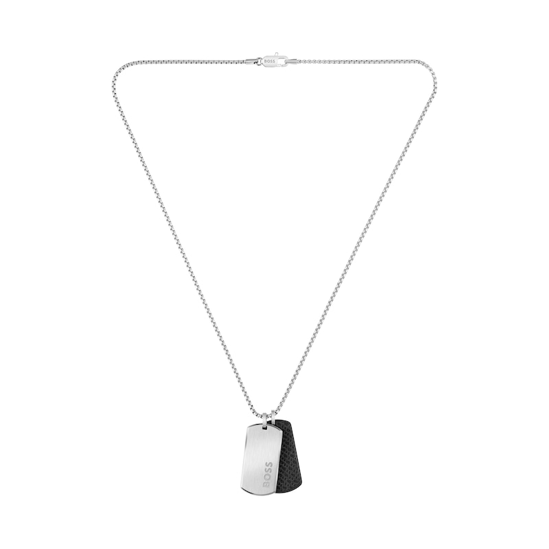 Main Image 2 of BOSS Men's Devon Black Leather & Silver Tone Double Tag Pendant Necklace