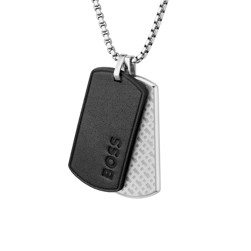 Main Image 3 of BOSS Men's Devon Black Leather & Silver Tone Double Tag Pendant Necklace