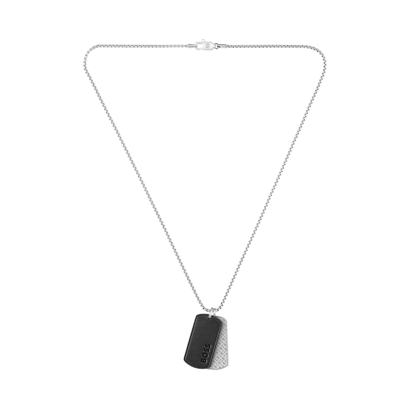 Main Image 4 of BOSS Men's Devon Black Leather & Silver Tone Double Tag Pendant Necklace