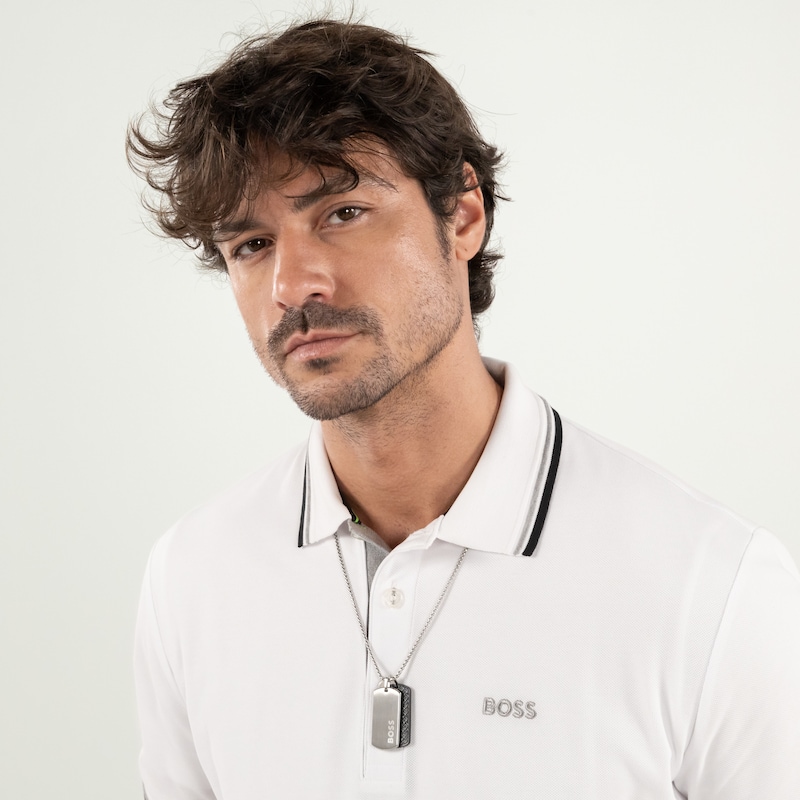 Main Image 5 of BOSS Men's Devon Black Leather & Silver Tone Double Tag Pendant Necklace