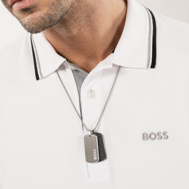 Main Image 6 of BOSS Men's Devon Black Leather & Silver Tone Double Tag Pendant Necklace