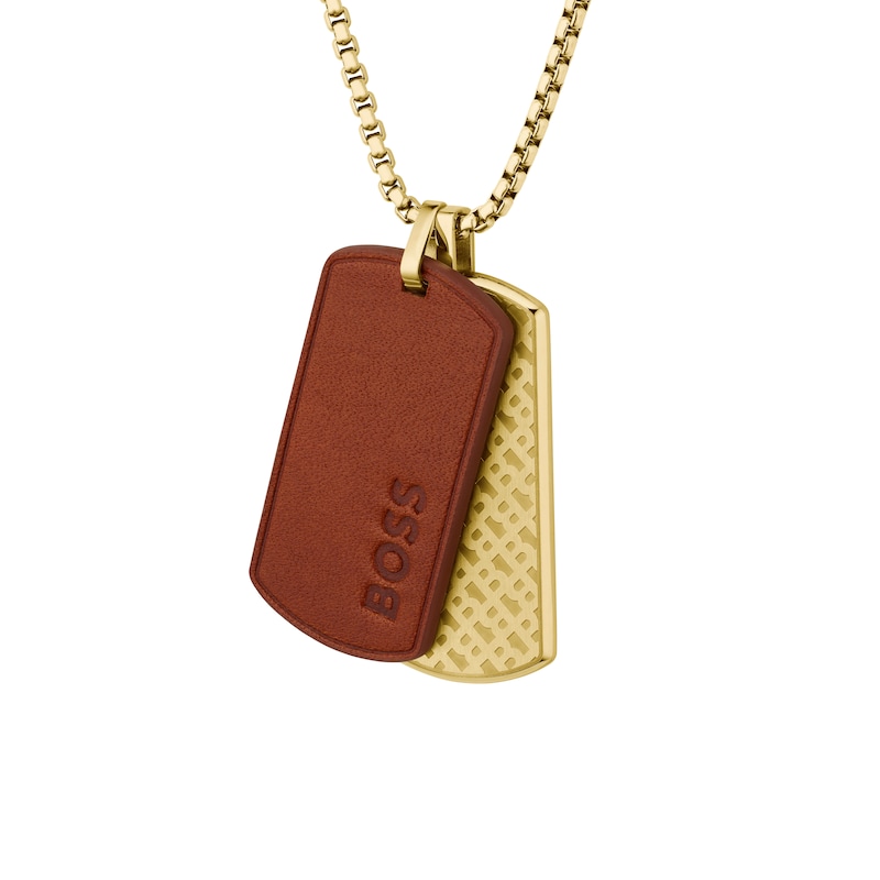 Main Image 2 of BOSS Men's Devon Brown Leather & Gold Tone Double Tag Pendant Necklace