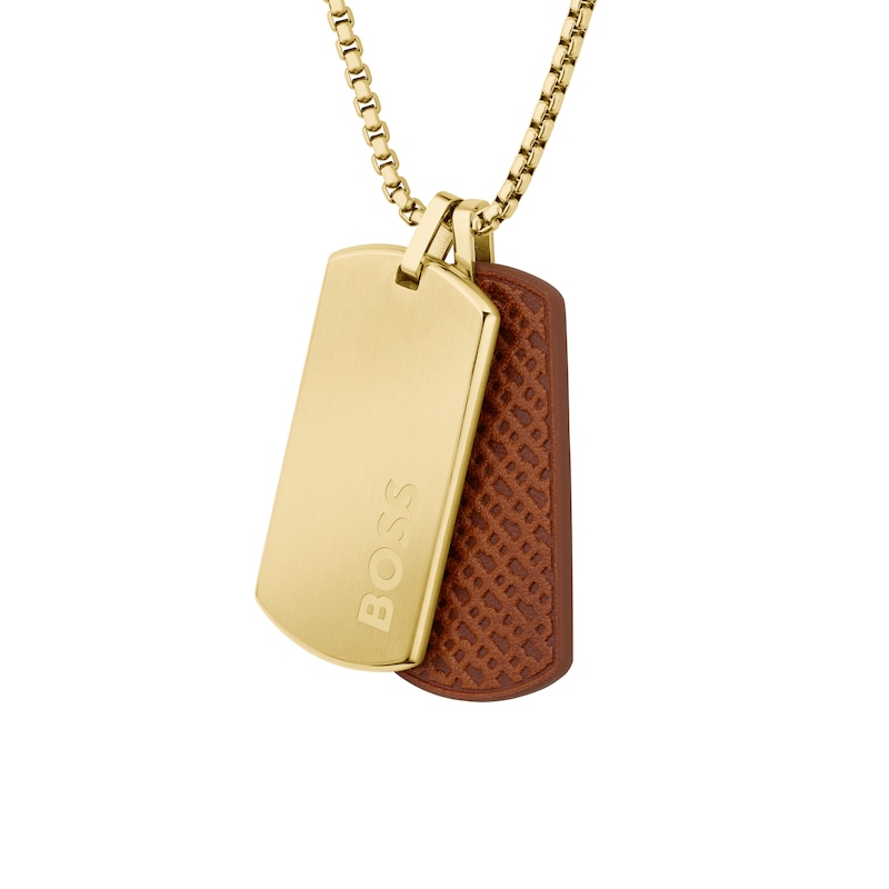 Main Image 4 of BOSS Men's Devon Brown Leather & Gold Tone Double Tag Pendant Necklace