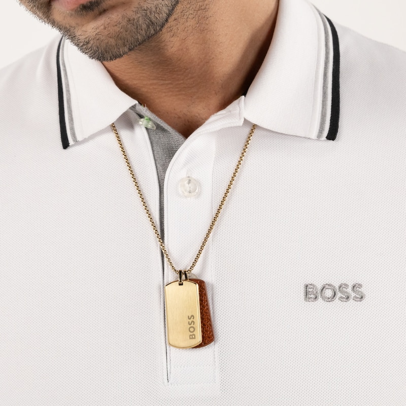 Main Image 5 of BOSS Men's Devon Brown Leather & Gold Tone Double Tag Pendant Necklace