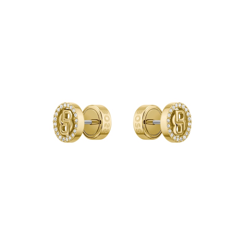 Main Image 1 of BOSS Women's Divine Gold Tone Double B Sparkle Logo Stud Earrings