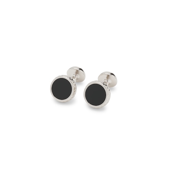 BOSS Silver Tone Brass & Black Enamel Cufflinks