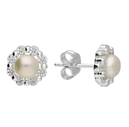 Sterling Silver Cultured Freshwater Pearl & Cubic Zirconia Halo Stud Earrings