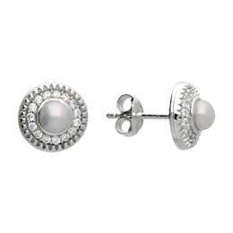 Sterling Silver Cultured Freshwater Pearl Cubic Zirconia Round Pavé Stud Earrings