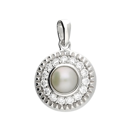 Sterling Silver Cultured Freshwater Pearl & Cubic Zirconia Round Pavé Pendant
