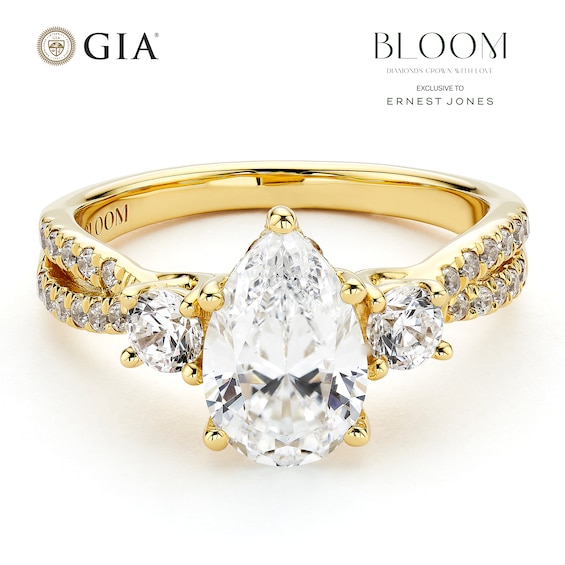 BLOOM 14ct Yellow Gold 2ct Lab Grown Diamond Pear Shaped Trilogy Ring