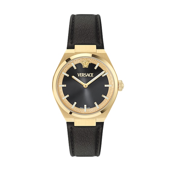 Women's Versace V-Auria 35Mm Black Sunray Dial & Black Leather Strap Watch