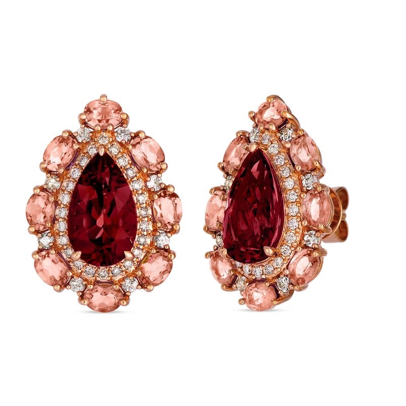 Main Image 1 of Le Vian 14ct Strawberry Gold Raspberry Rhodolite & Peach Morganite 0.56ct Nude Diamonds Pear Halo Stud Earrings