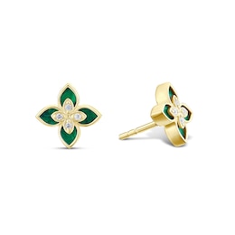 9ct Yellow Gold 8mm Created Malachite & Cubic Zirconia Floral Stud Earrings