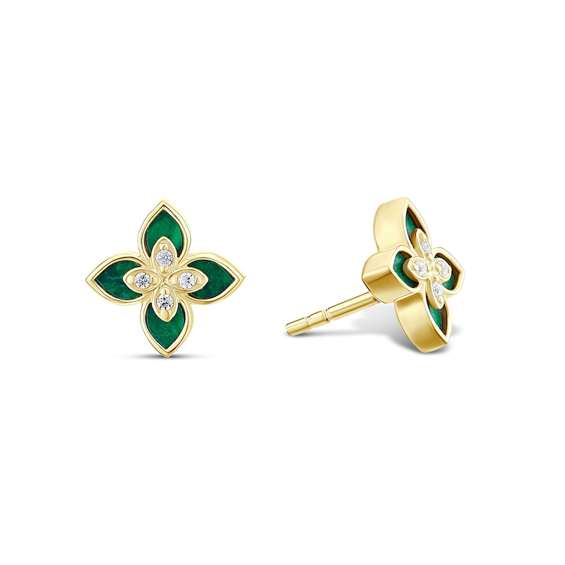 Main Image 1 of 9ct Yellow Gold 8mm Created Malachite & Cubic Zirconia Floral Stud Earrings