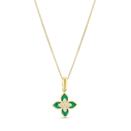 9ct Yellow Gold 18" Created Malachite Cubic Zirconia Floral Pendant