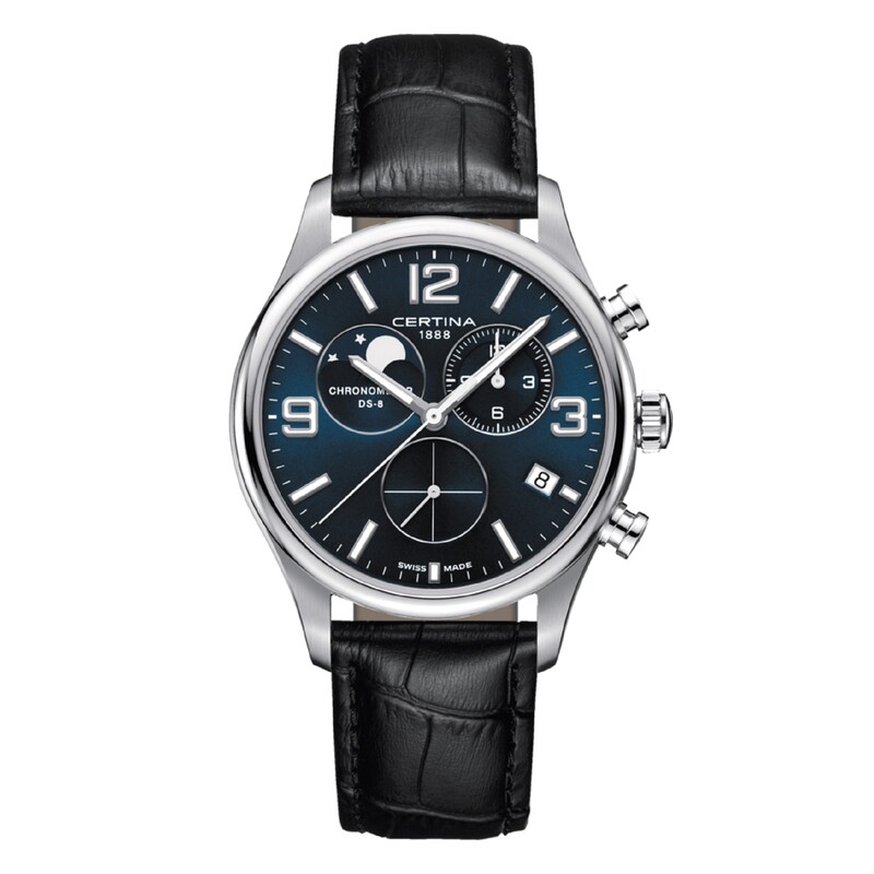 Certina Moon Phase Men's Black Leather Strap Watch | Ernest Jones