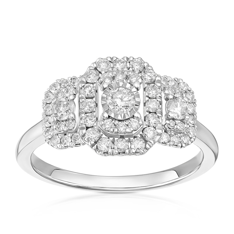 Main Image 1 of Engagement Ring 9ct White Gold Emerald Shaped Trilogy 0.50ct Diamond Ring