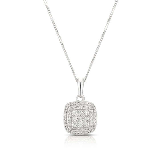 9ct White Gold 0.25ct Diamond Cushion Cluster Pendant Neckla