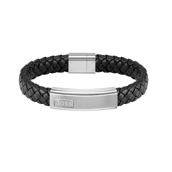 Men's Boss Lander Black Leather 7" Braided Bracelet